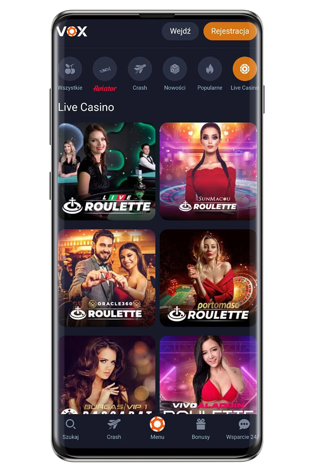 Zrzut ekranu z oficjalnej strony kasyna Vox